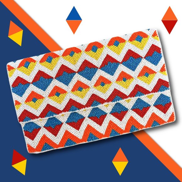 Geometric Design Seed Beaded Crossbody Chain Clutch Bag | Handbag | Colorful - Picture 3 of 6